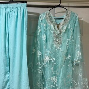 Elegant Aqua Embroidered Kaftan Set